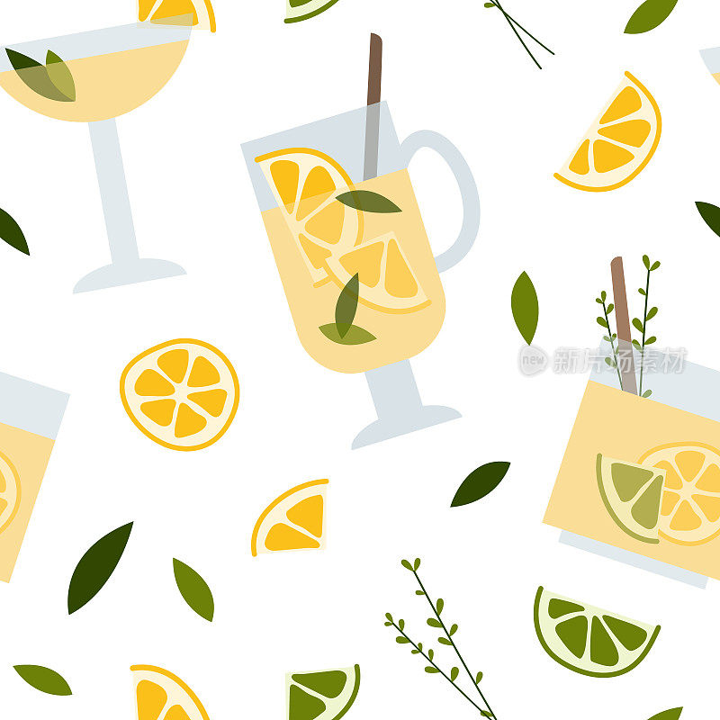 Fresh homemade lemonade, soda, mojito cocktail with lemon and mint. Summer tropic drink, cold citrus refreshing beverage in glass. Vector flat cartoon illustration, seamless pattern